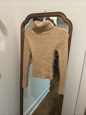 Turtleneck Cable Knit Sweater in Tan small